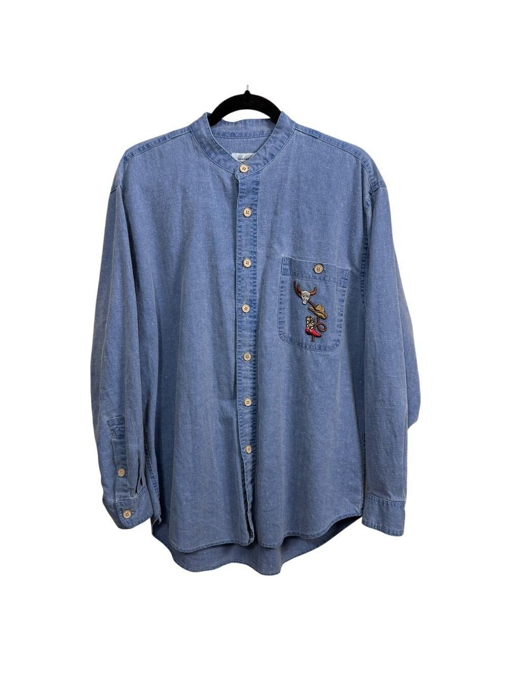 Y2K Sostanza Western Denim Shirt Mens Medium Mandarin Collar Linen Blend